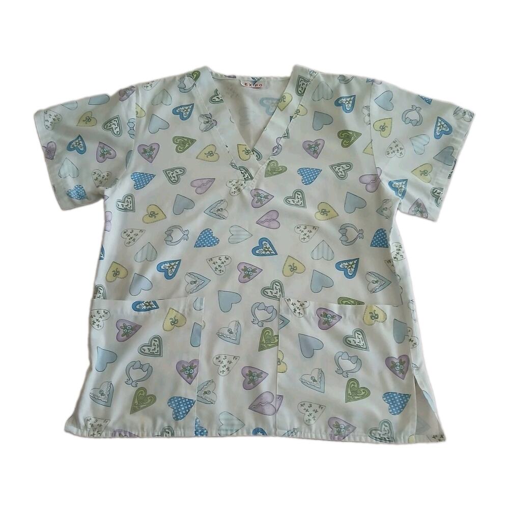 Expo Scrub Top Womens White Pastel Heart Print V-Neck Nurse Medical Uniform Peds